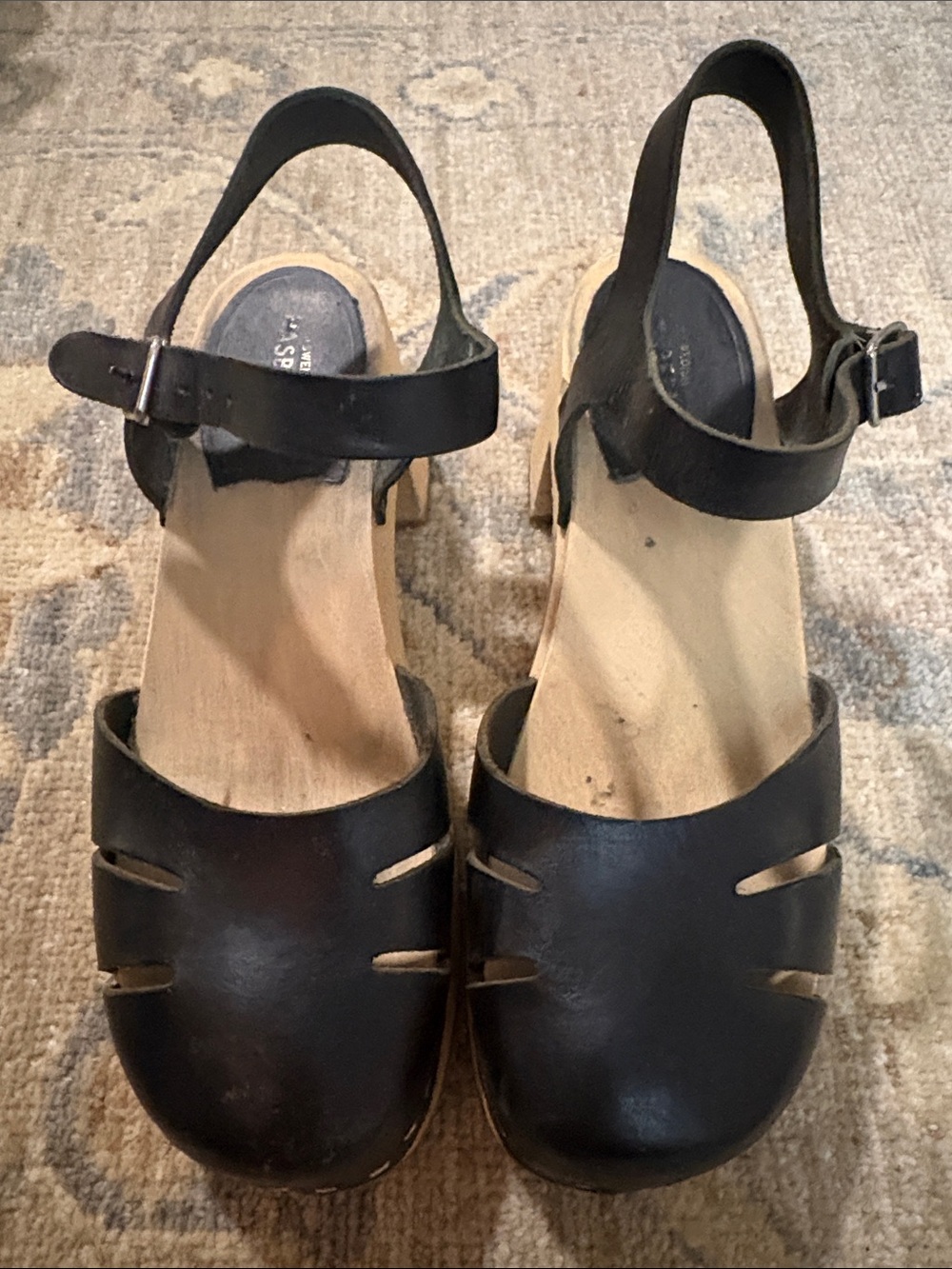 Swedish Hasbeens Black Leather Slingback Clogs